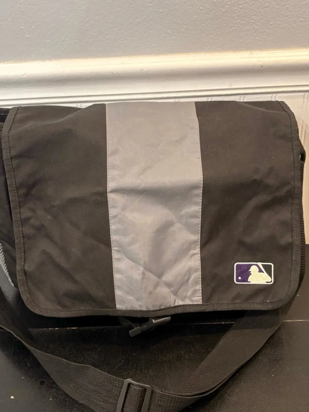 MLB Messenger Bag Black GrayMLB Messenger Bag Black Gray Stripe Adjustable Strap